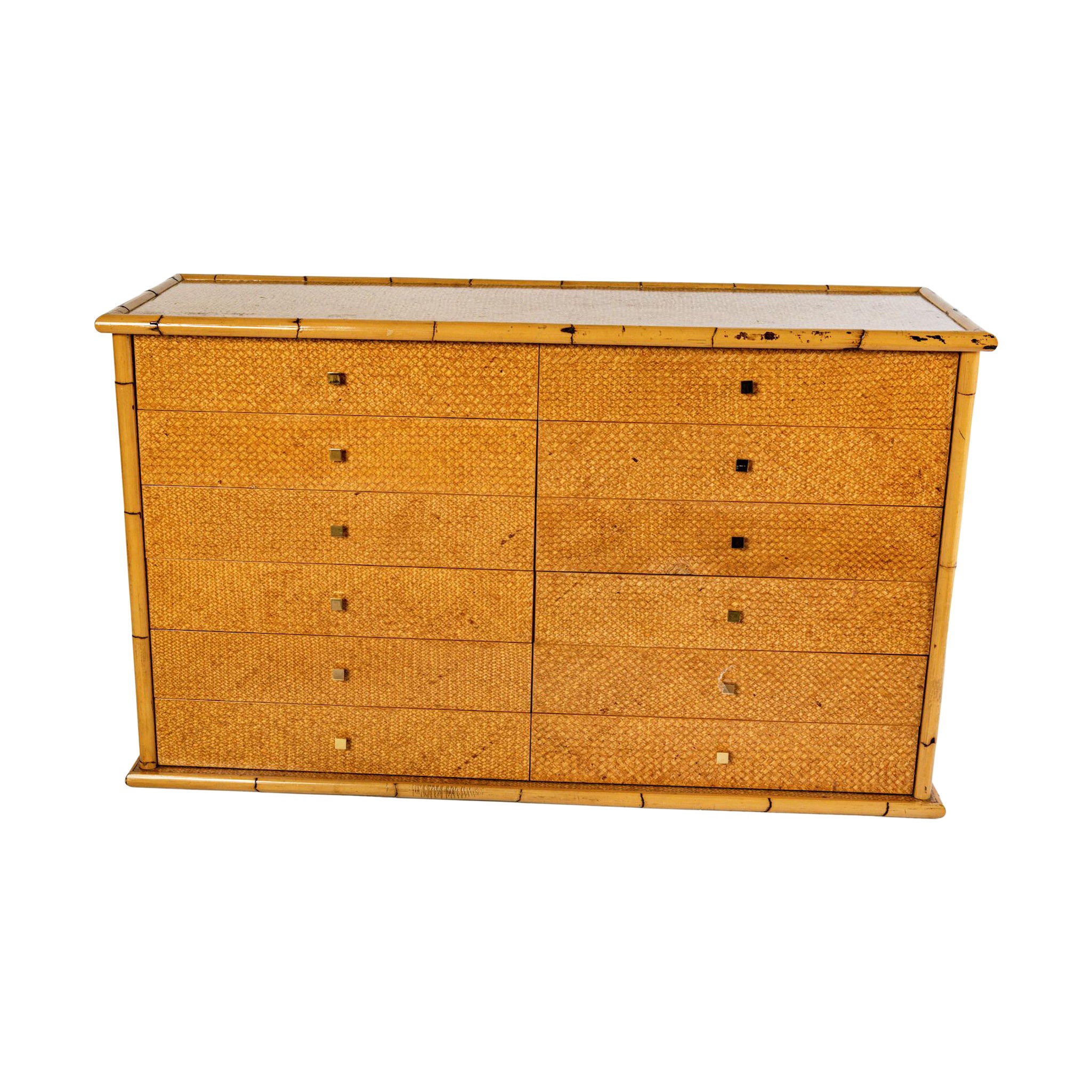 Mid Century Twelve-Drawer Ratan Sideboard with Brass Knob Handles For Sale