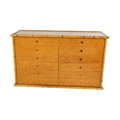 Mid Century Twelve-Drawer Ratan Sideboard with Brass Knob Handles