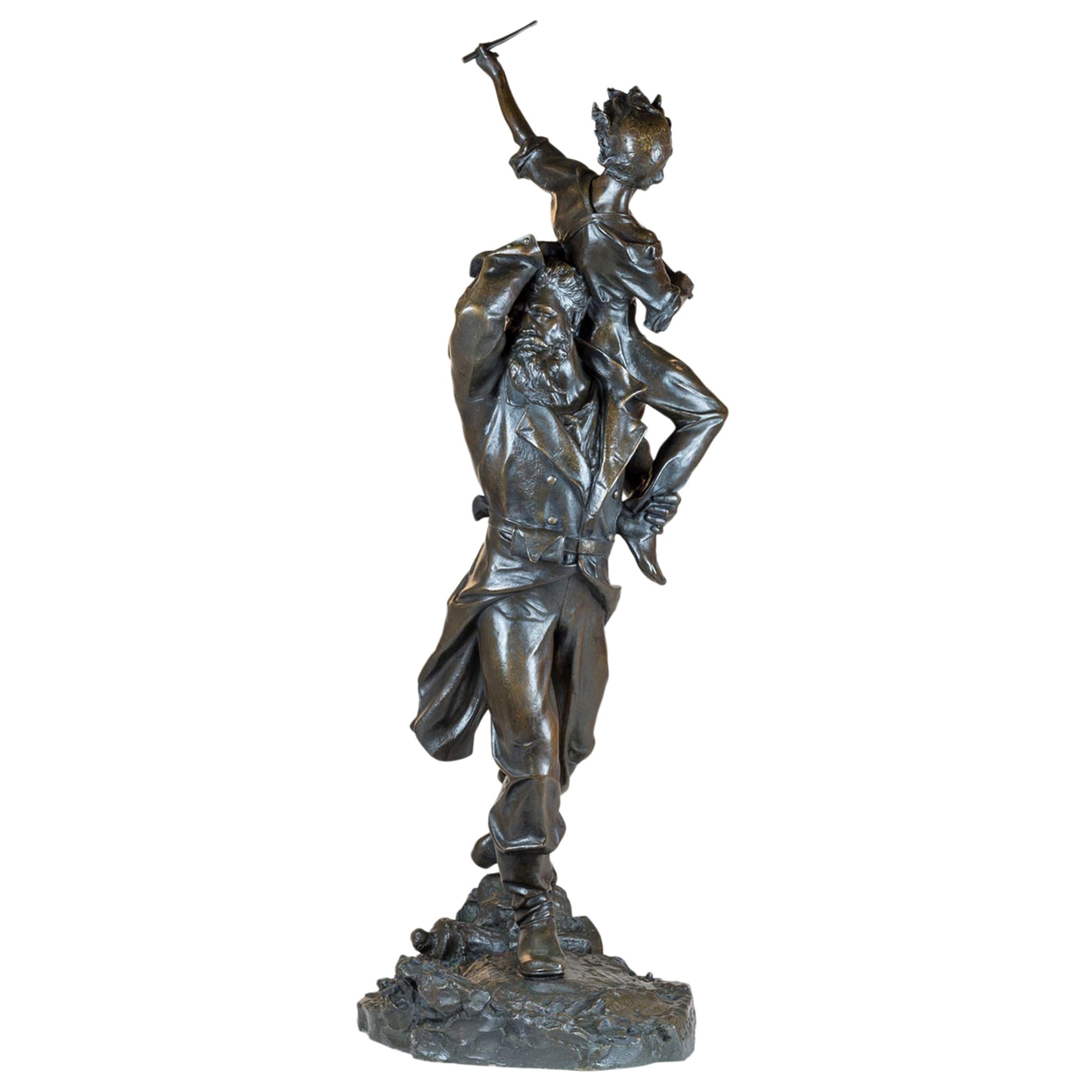 Fine Patinated Bronze Sculpture of a Soldier Carrying a Drummer