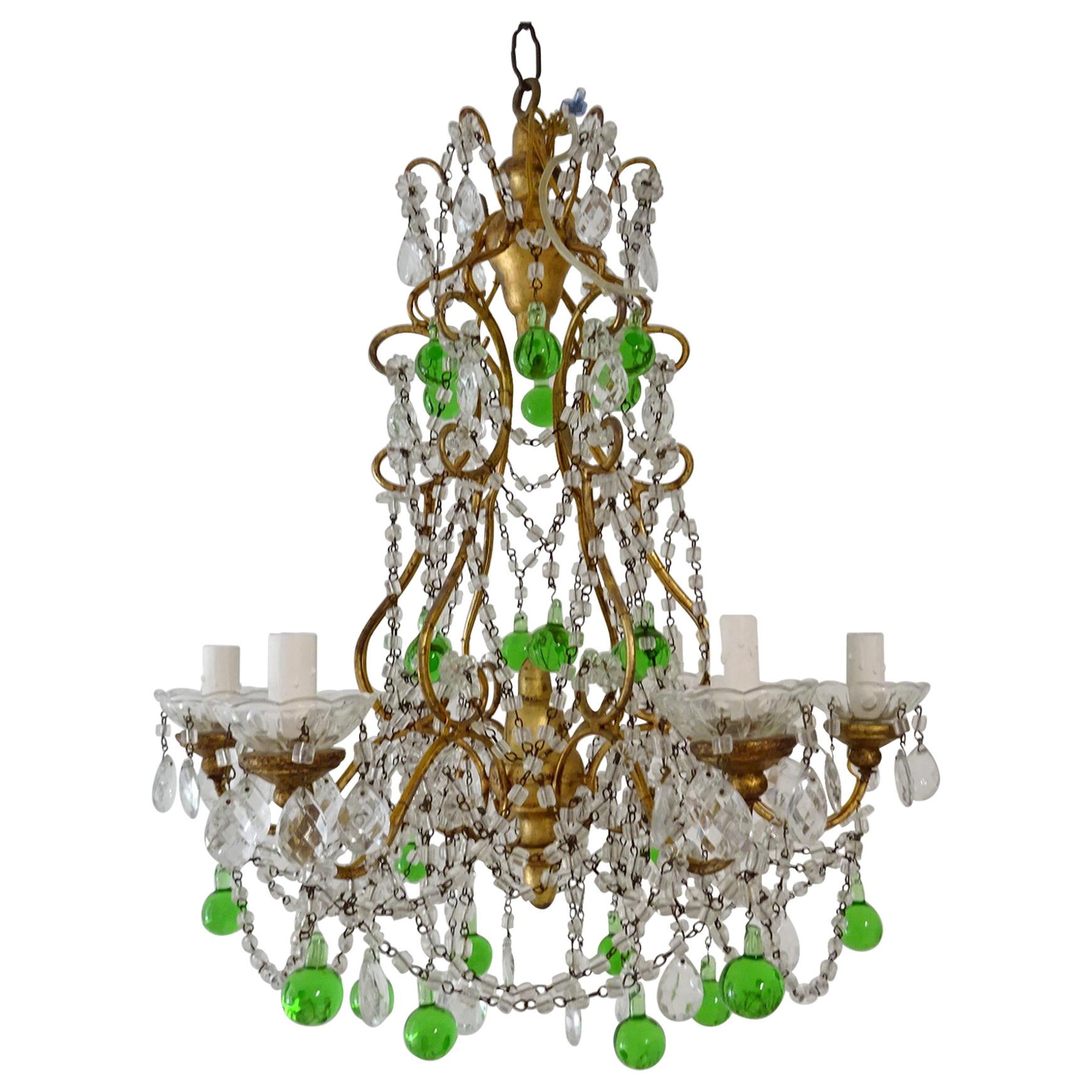 Italian Murano Green Drops Macaroni Swags Chandelier, circa 1900