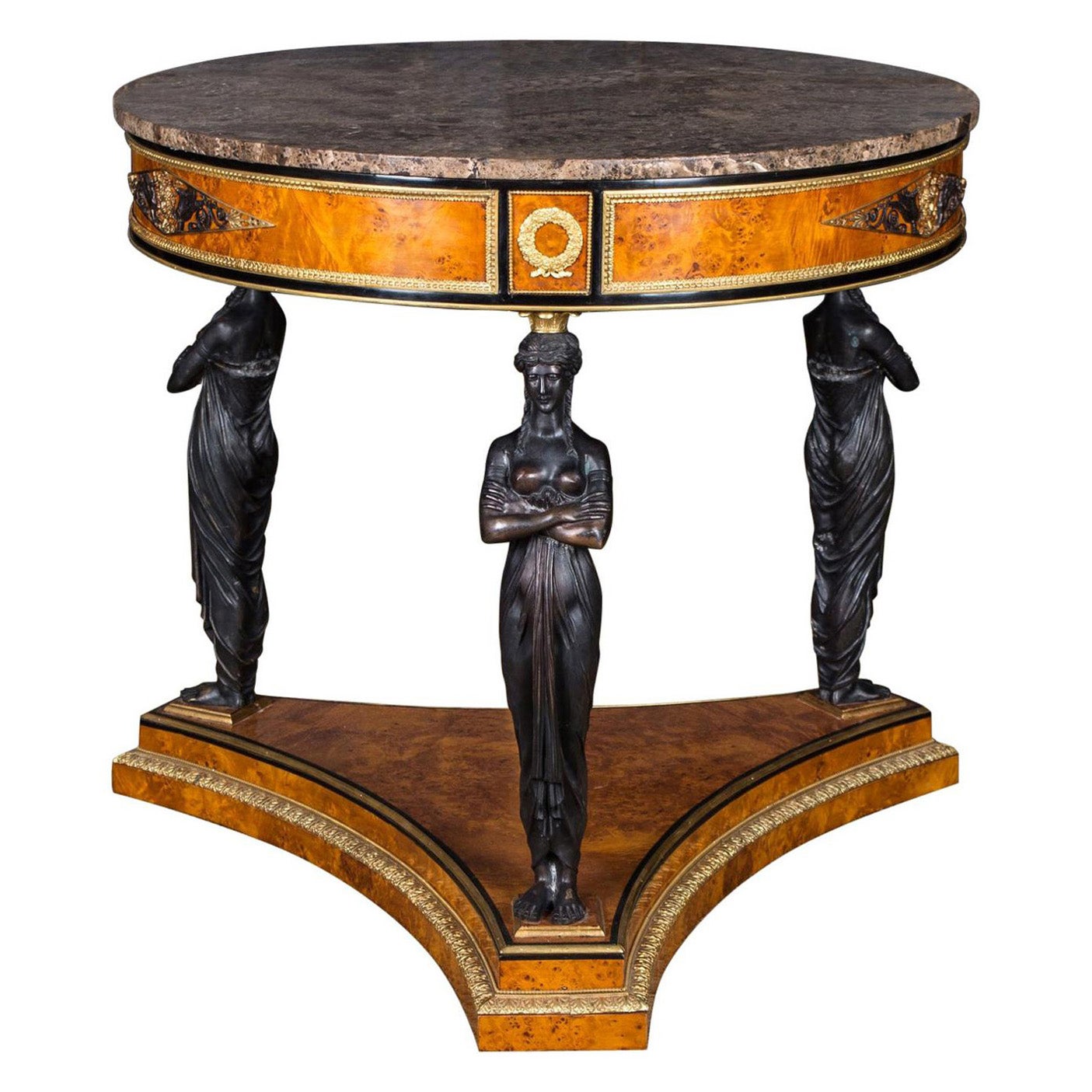 Spectacular Temple Guardian Antique Empire Style Table Birdseye Maple Veneer For Sale