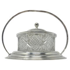Antique English Cut Crystal Silver-Plated Jam Jar w/ Handle & Stand, Circa 1910