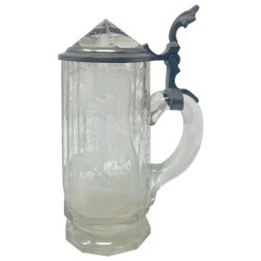 Antique German Carved Crystal & Pewter 1/3 Liter Stein, Circa 1890's