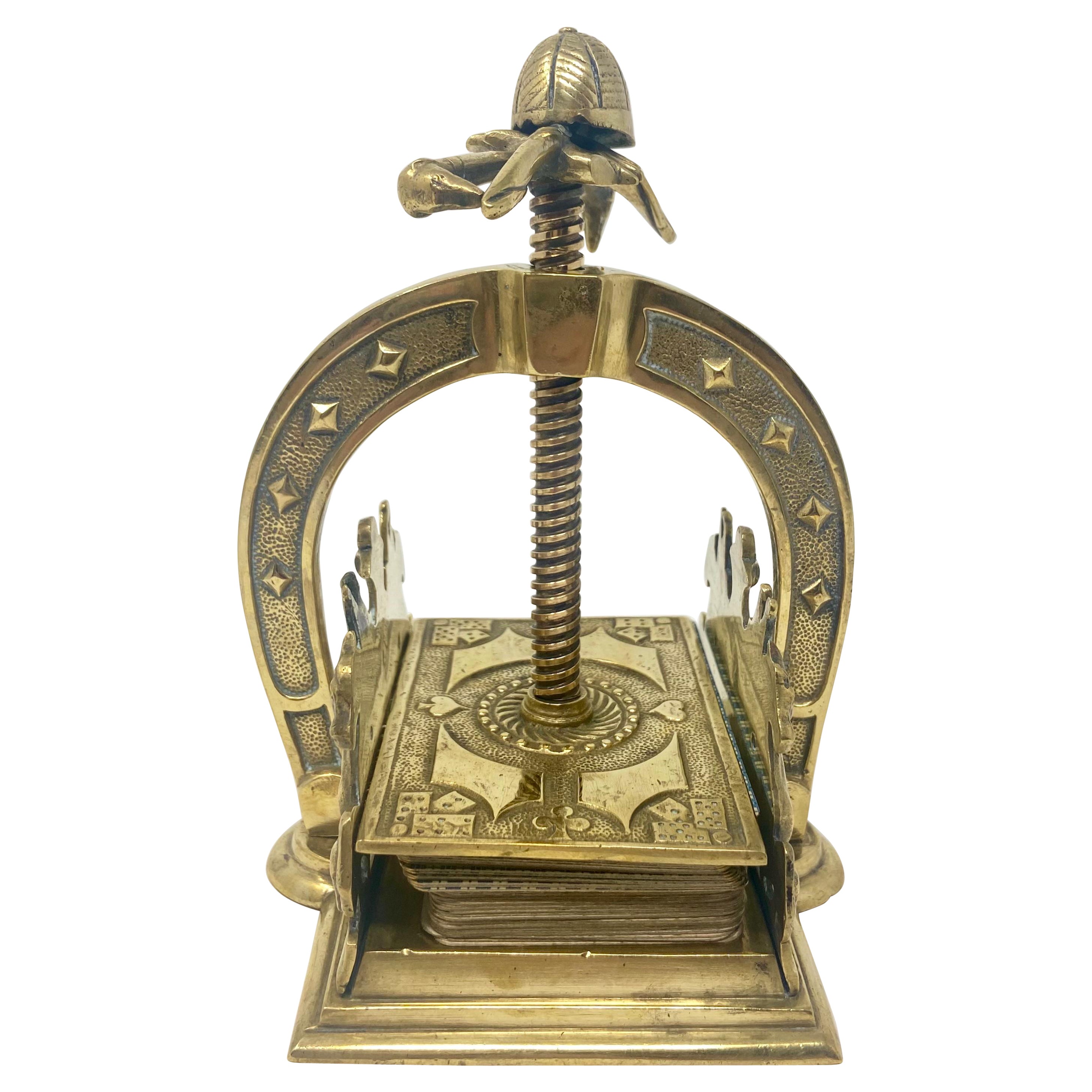 Antique Victorian Brass Playing Card Press in a Horse Racing Theme, Circa 1900.