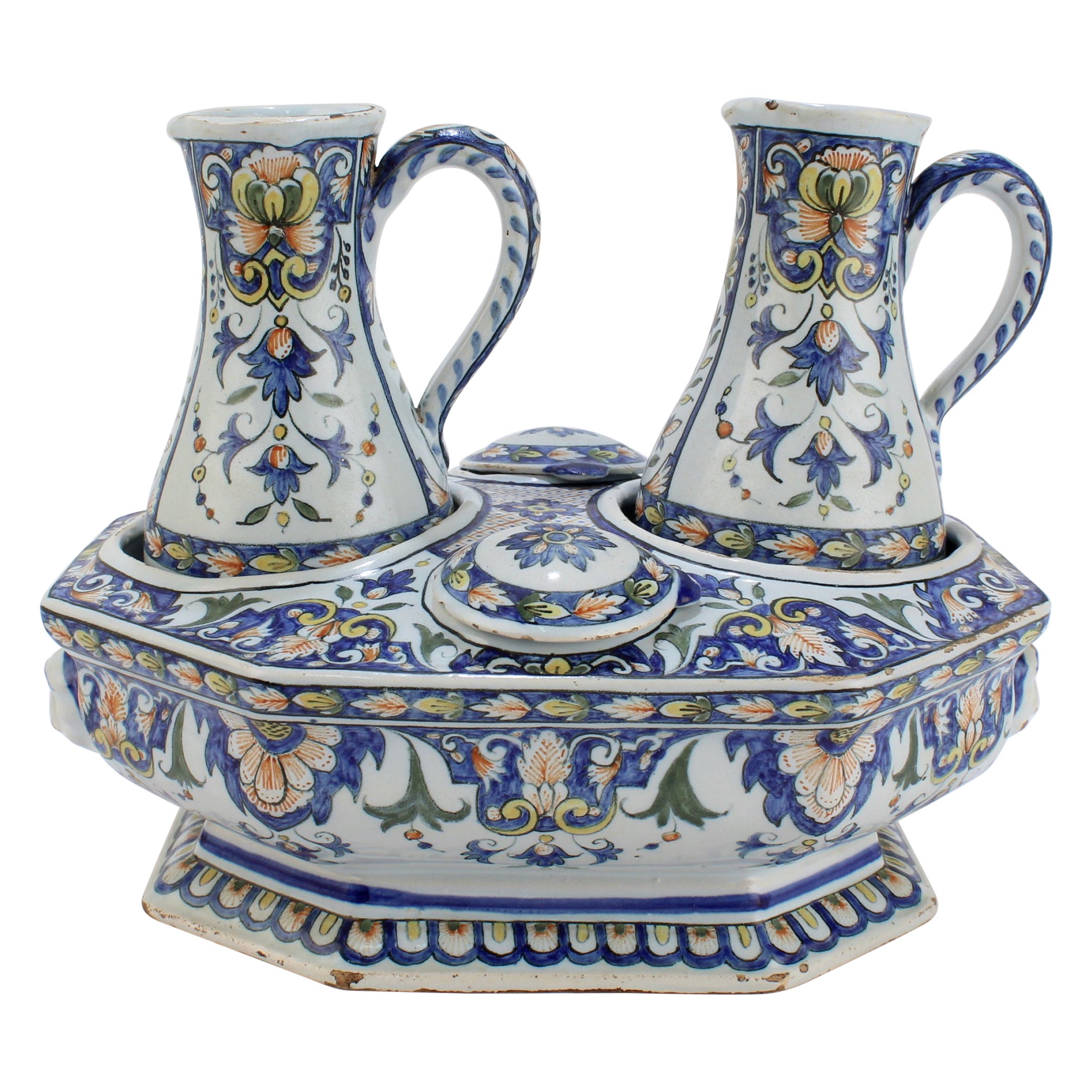 Antique Porquier Beau French Faience Pottery Cruet Set with Base, Ewers & Lids For Sale