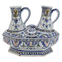 Used Porquier Beau French Faience Pottery Cruet Set with Base, Ewers & Lids