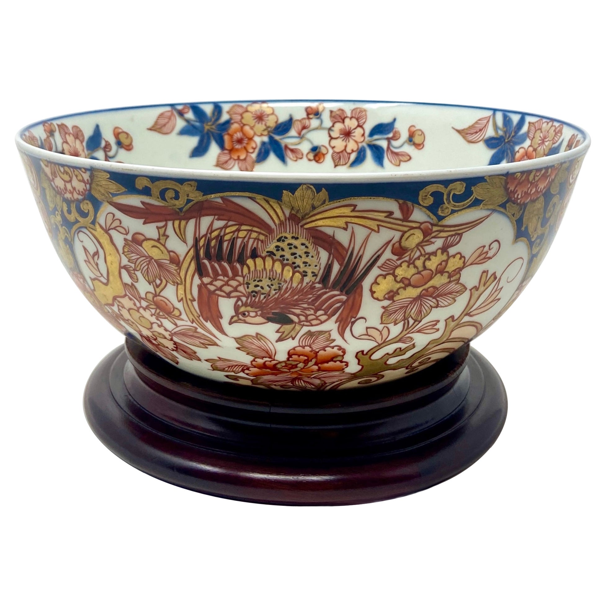 Antique Japanese Imari Porcelain Bowl on Teakwood Stand, Circa 1900