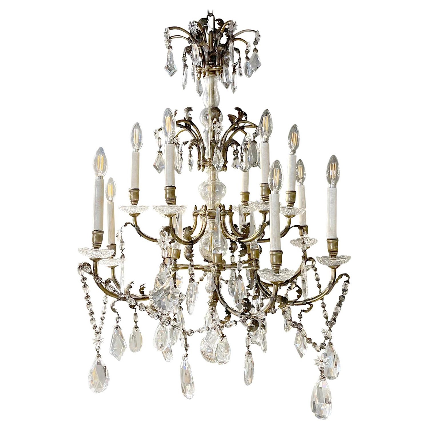 20th Century French Four Tiered Bronze Chandelier, Clear Crystal Glass Pendant