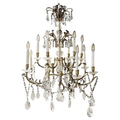 Antique 20th Century French Four Tiered Bronze Chandelier, Clear Crystal Glass Pendant