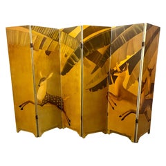Six Panel Gilt French Art Deco Hand Painted Screen with Deer
