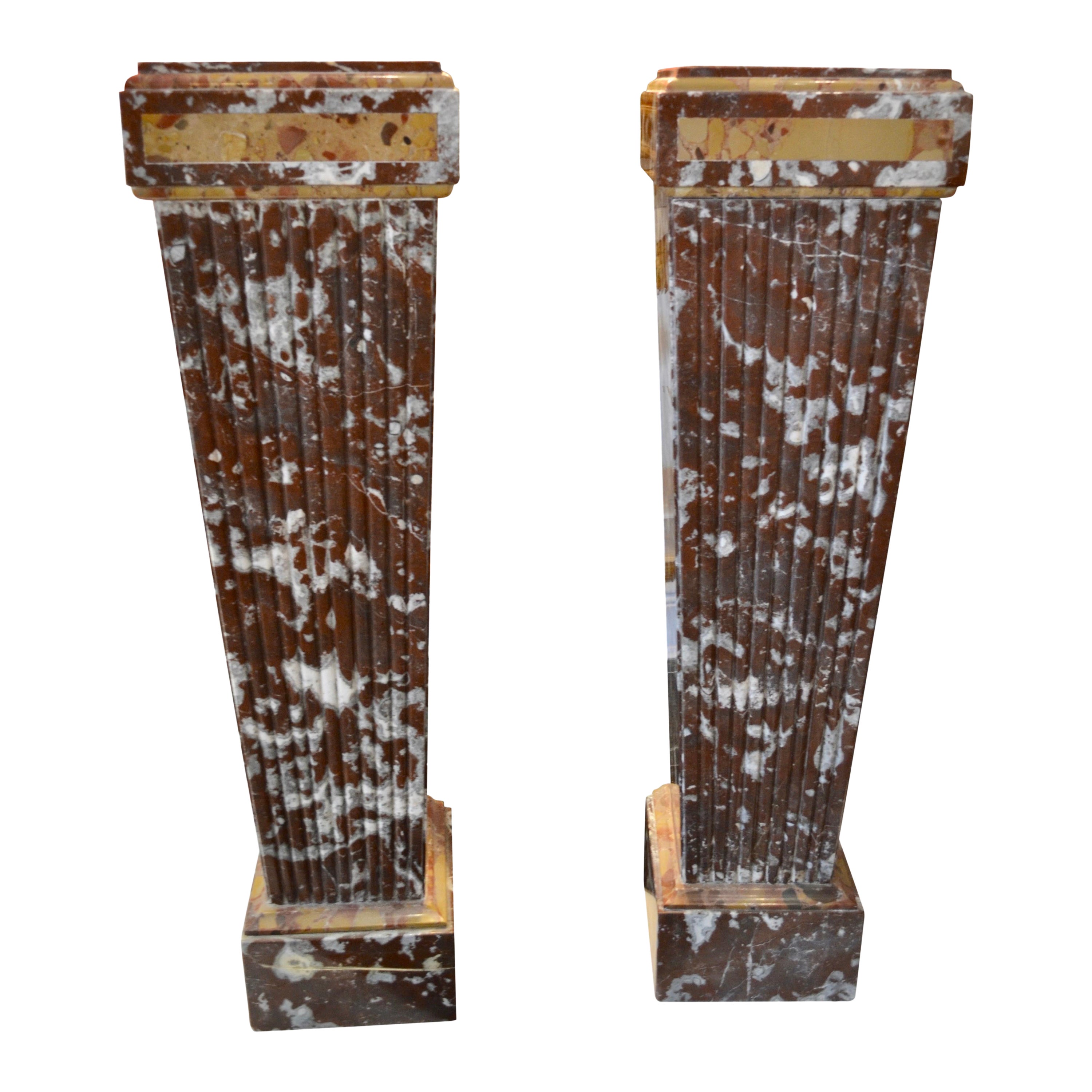 Pair of 19 Century Burgundy and White Marble Tapering Square Columns For Sale