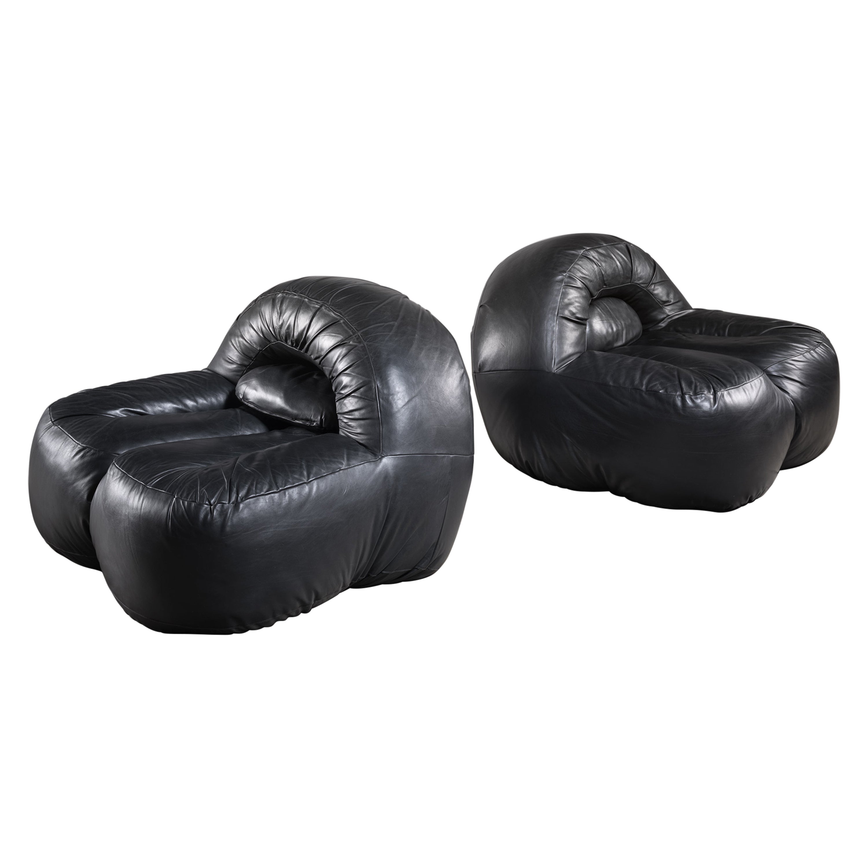 Black Leather Lounge Chairs, France For Sale