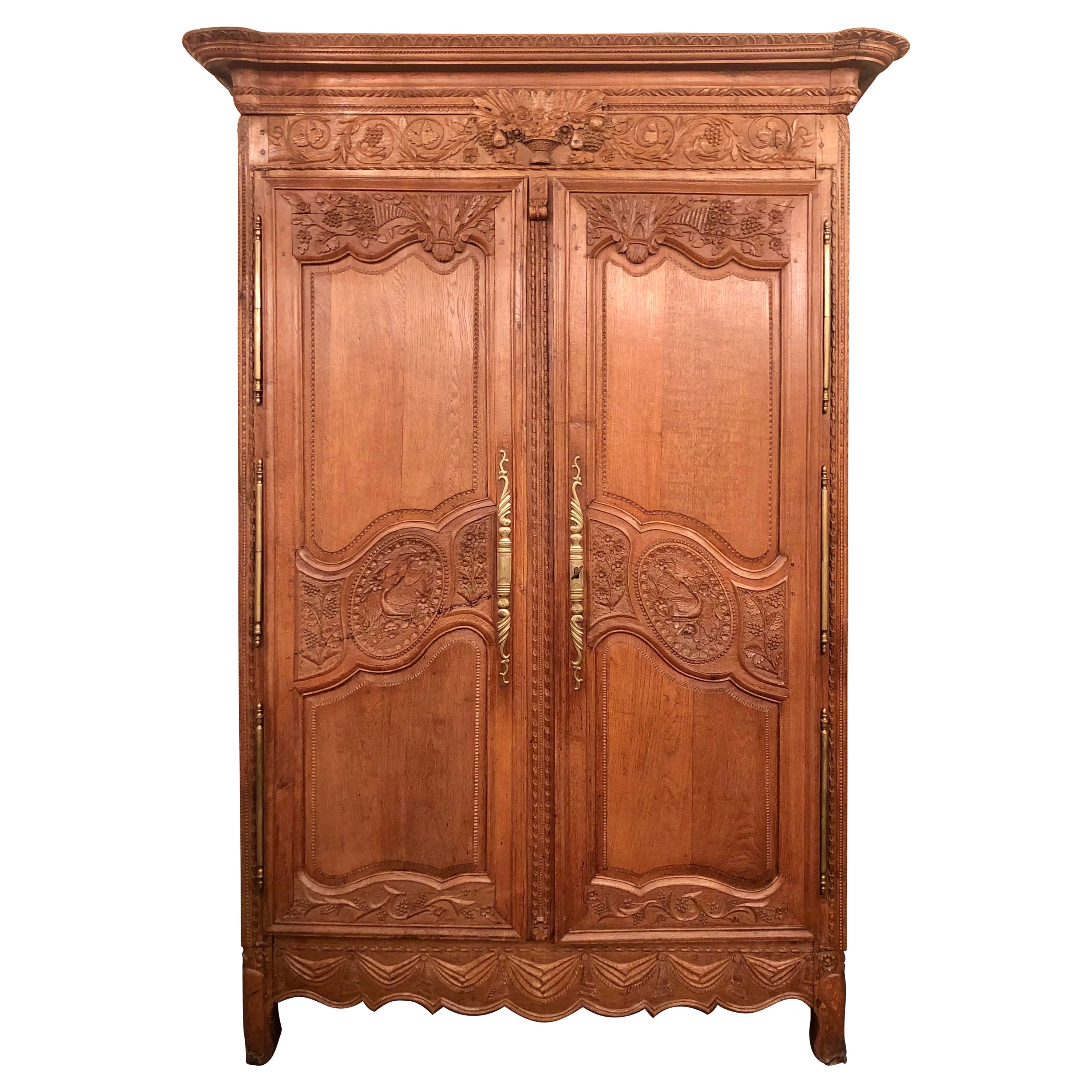 Antique French Provincial Carved Elm Armoire, Original Brass Hardware, Ca. 1890s For Sale
