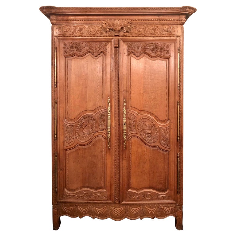Antique French Provincial Carved Elm Armoire, Original Brass Hardware