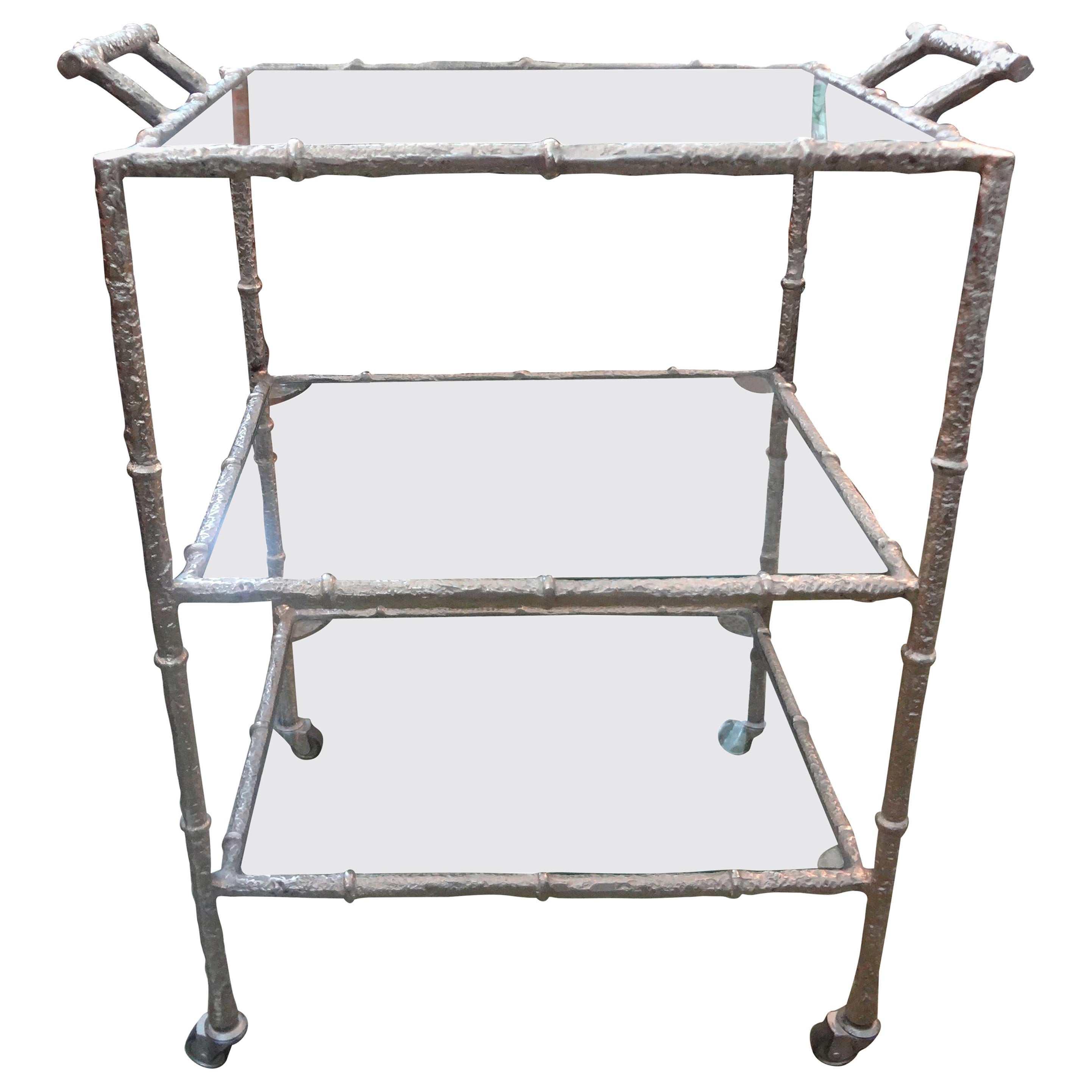 Vintage Silvered Metal Three Tiered Bar Cart