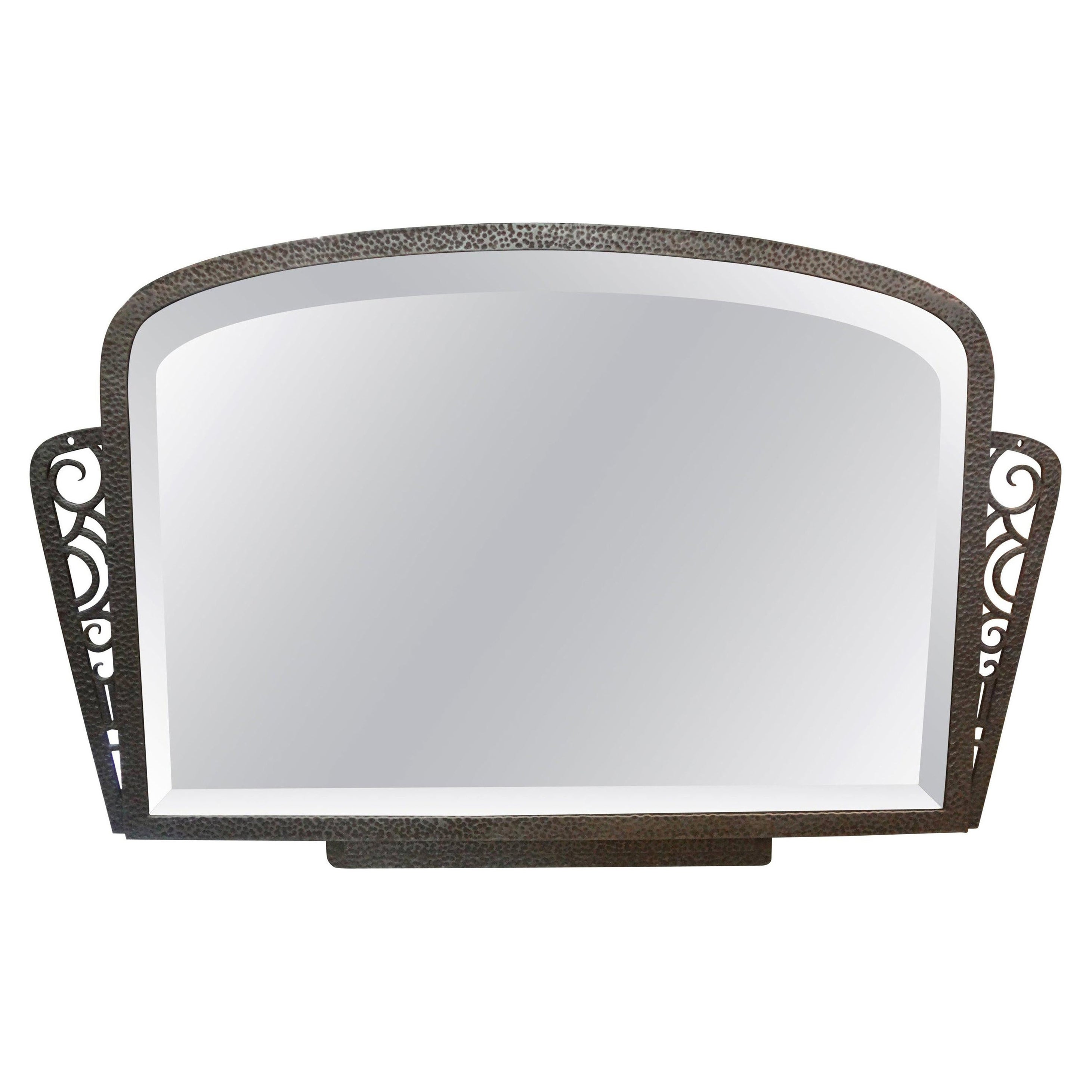 French Art Deco Silvered Wrought Iron Beveled Mirror