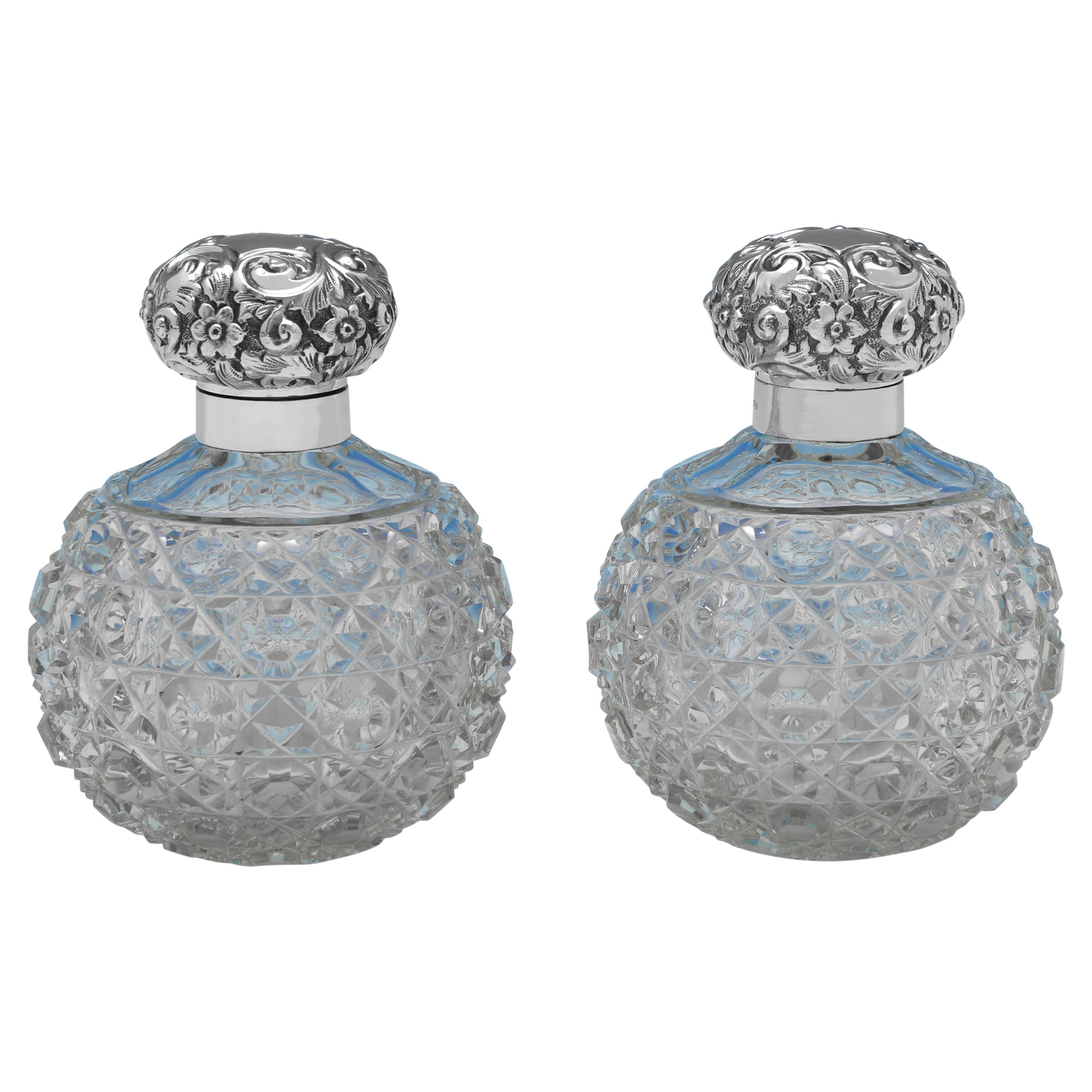 Victorian Antique Pair of Sterling Silver Perfume Bottles, Birmingham 1898