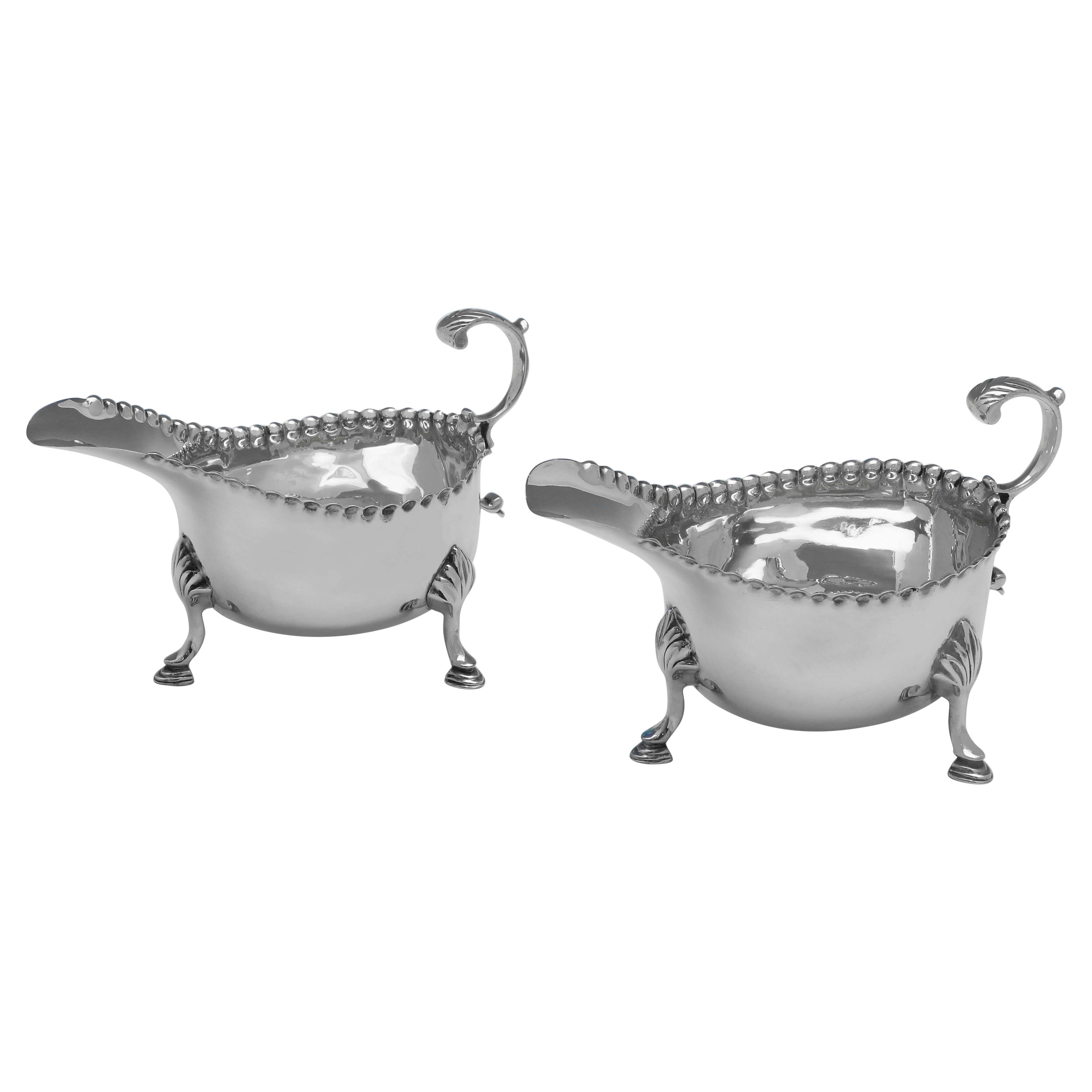 Victorian Sterling Silver Pair of Sauce Boats, Punch Bead Border, London, 1899