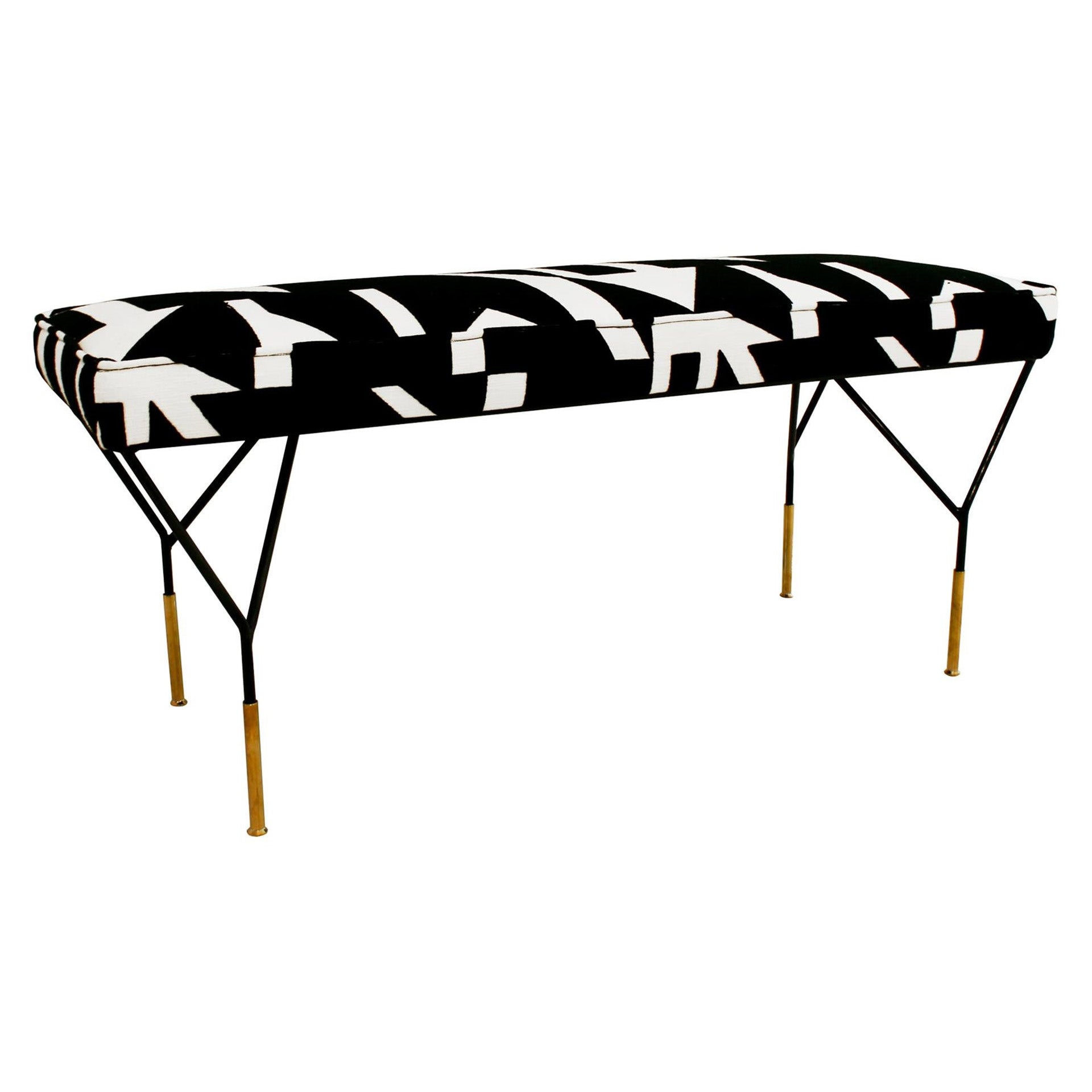 Modern Black Lacquered Iron and Patterned Cotton 1970s Italian Stool For Sale