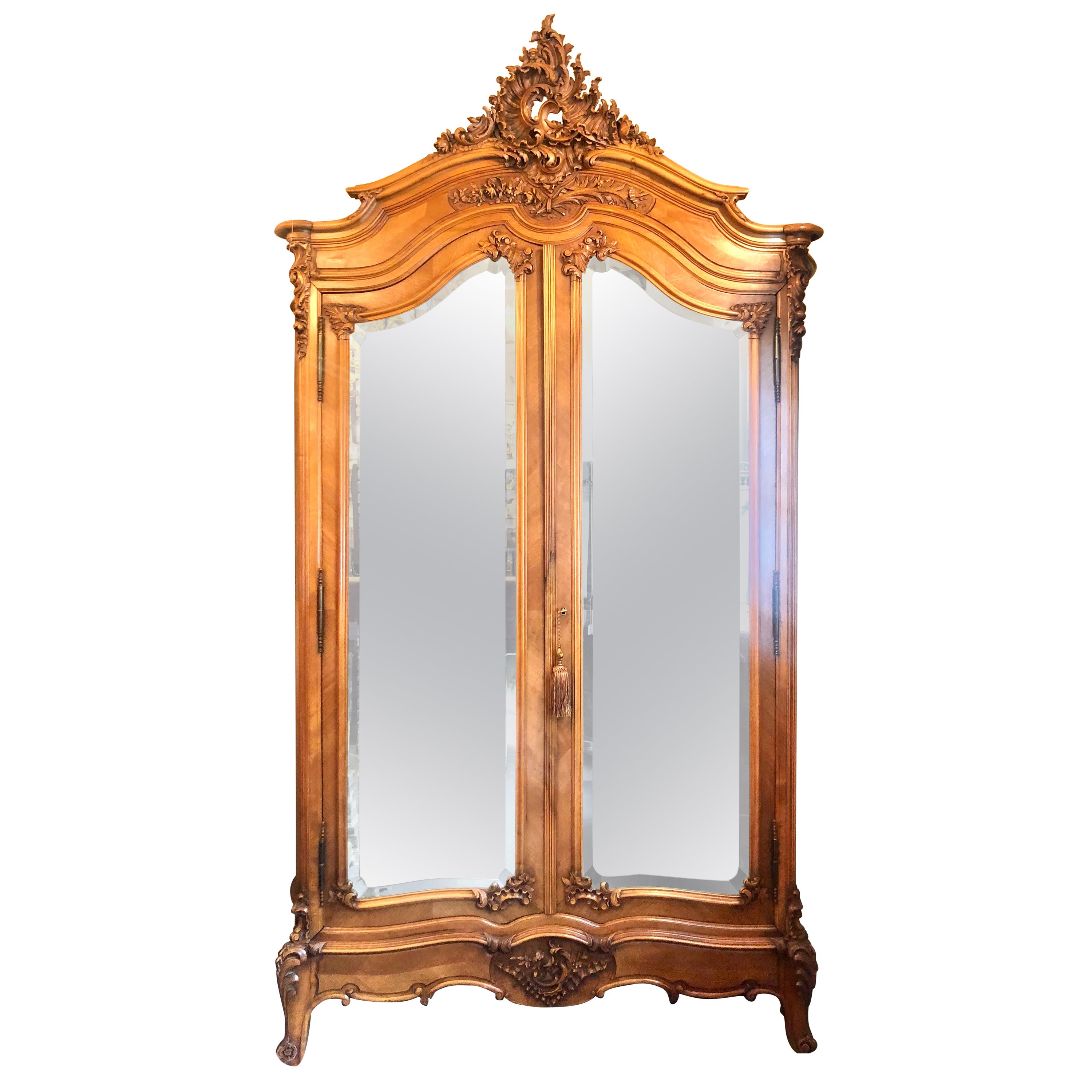 Antique French Louis XV Carved Walnut Beveled Mirror 2 Door Armoire, Circa 1880