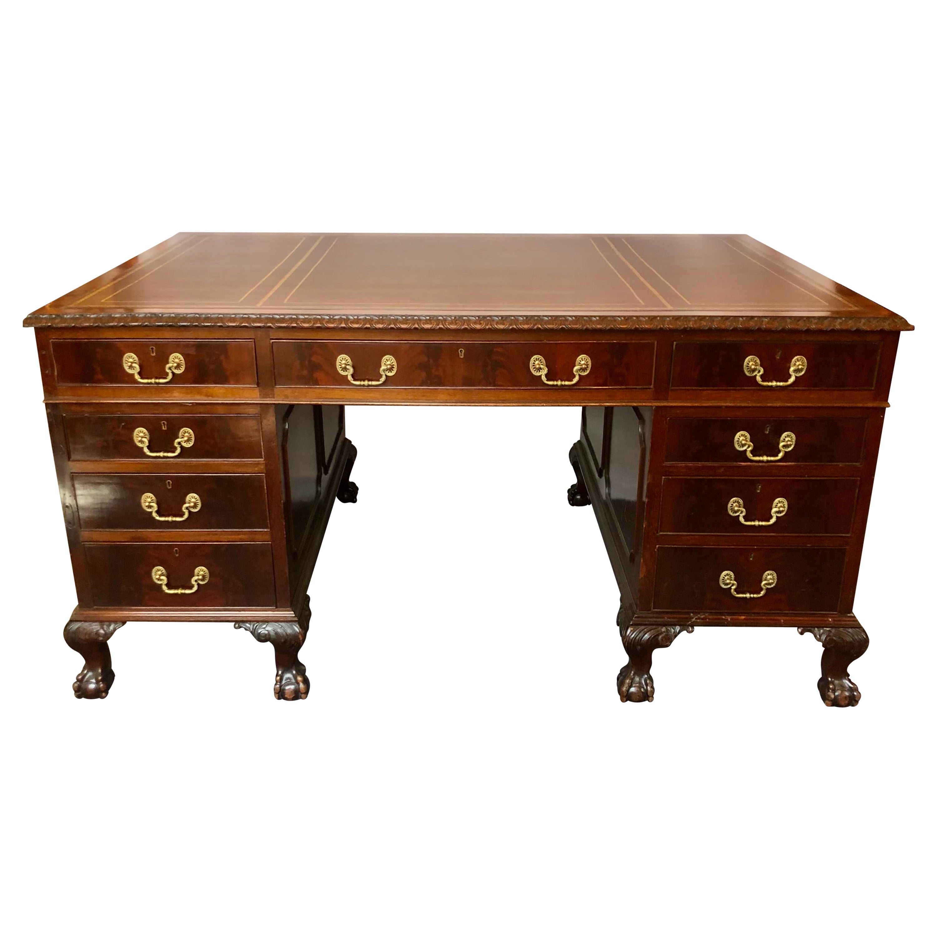 Antique English Mahogany Partner's Desk, Chippendale Design, Circa 1900-1920
