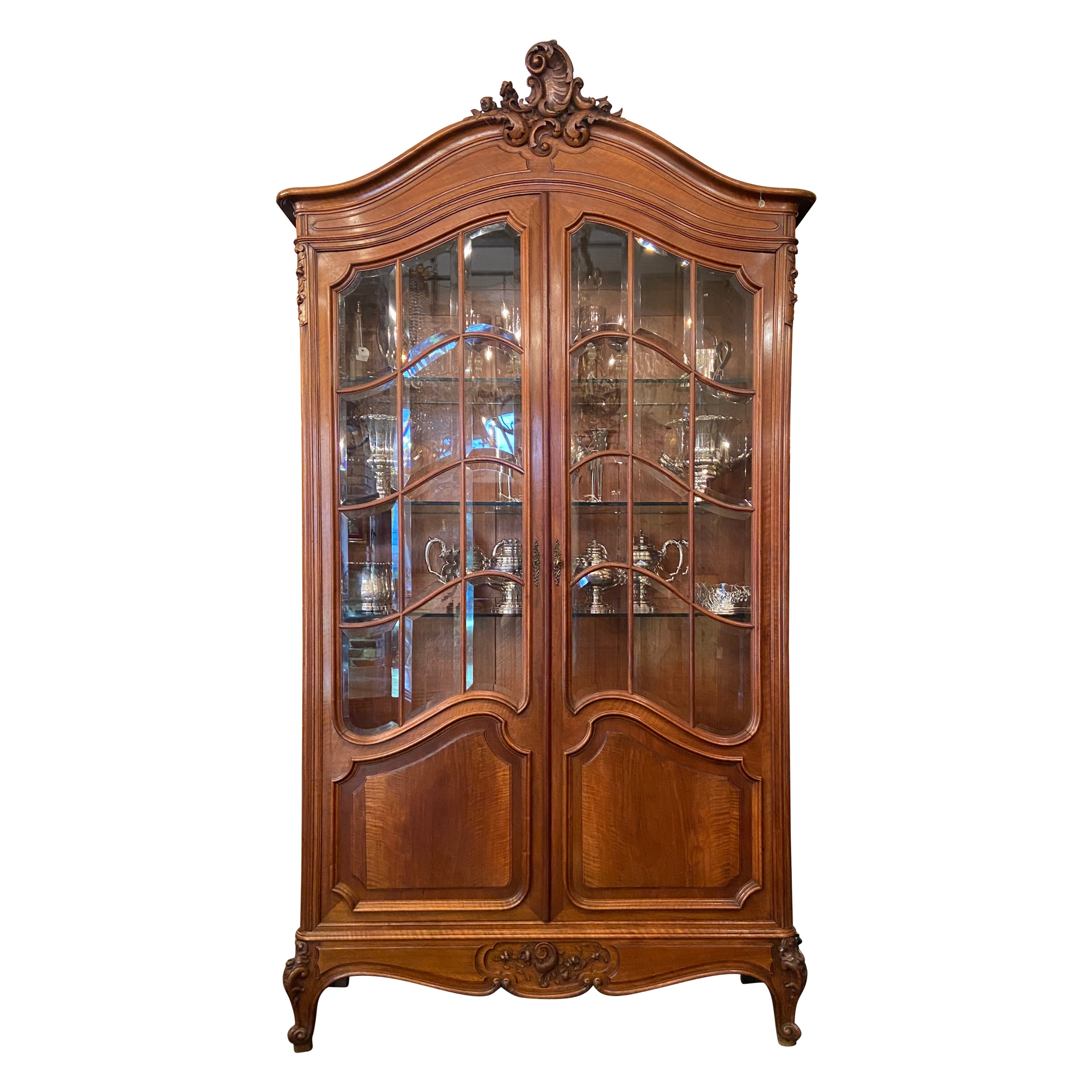 Antique French Louis XV Walnut & Beveled Glass 2 Door Display Cabinet Circa 1880 For Sale