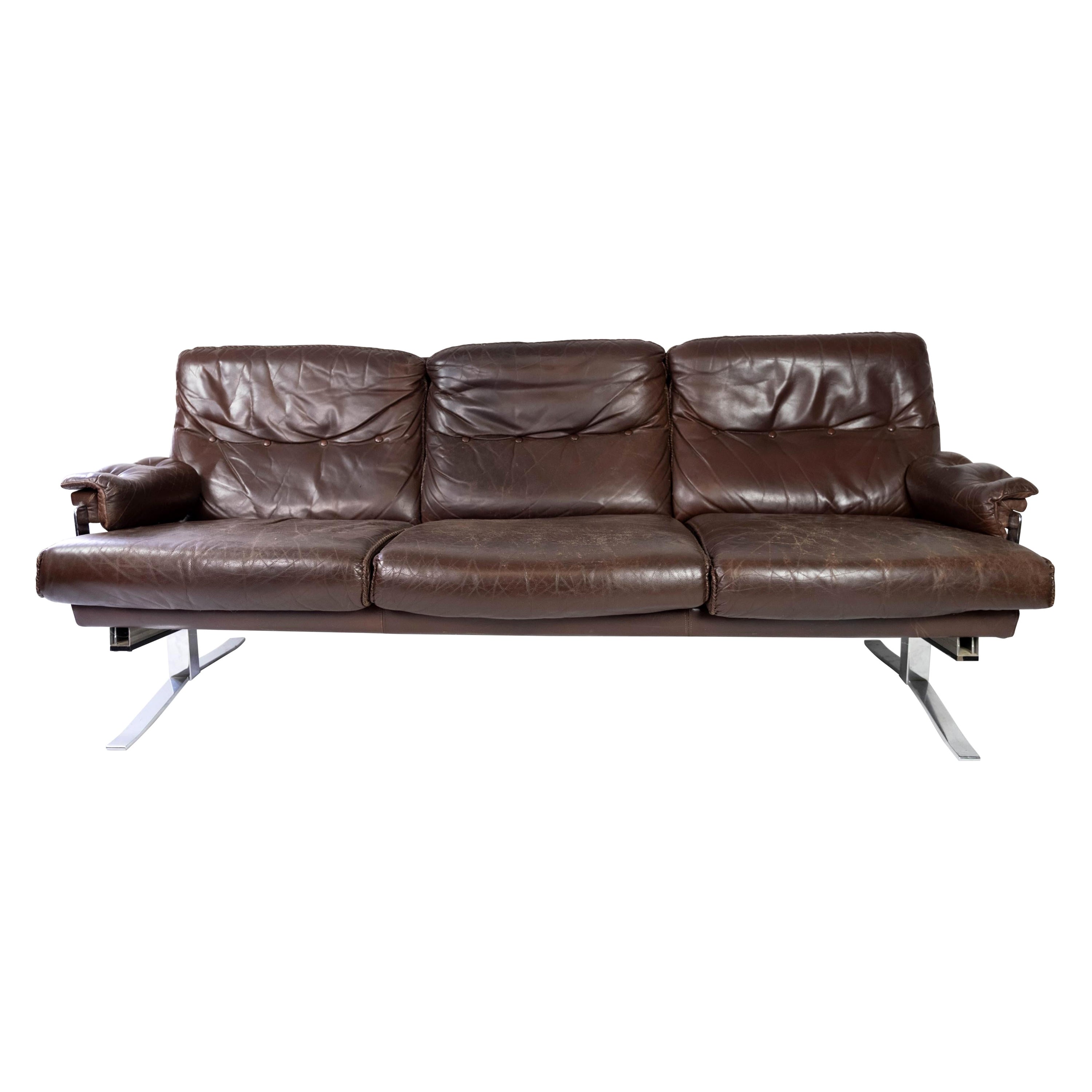 Three Seater Sofa Upholstered with Patinated Brown Leather, 1970s