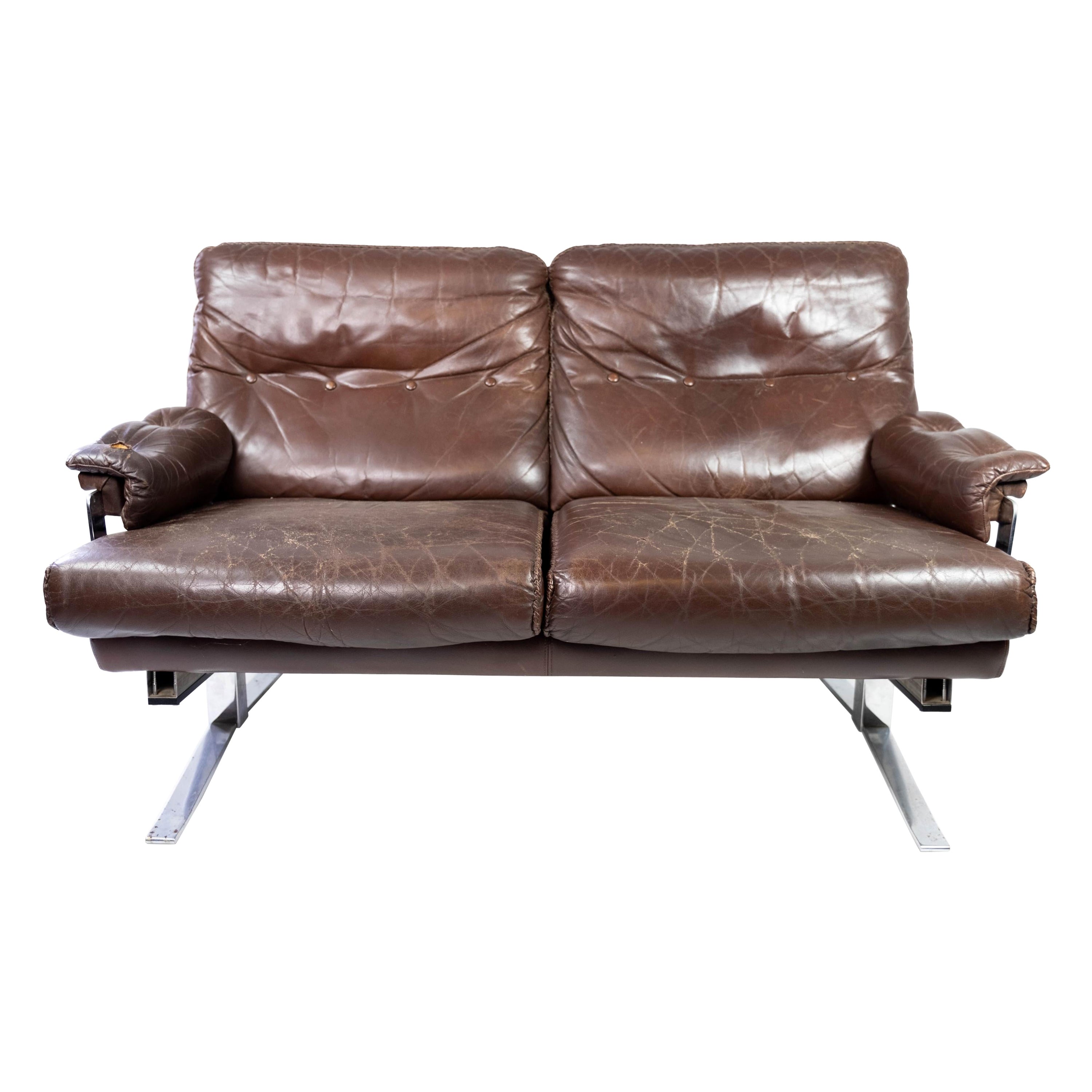 Two Seater Sofa Upholstered with Patinated Brown Leather, 1970s