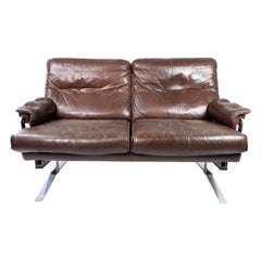 Two Seater Sofa Upholstered with Patinated Brown Leather, 1970s