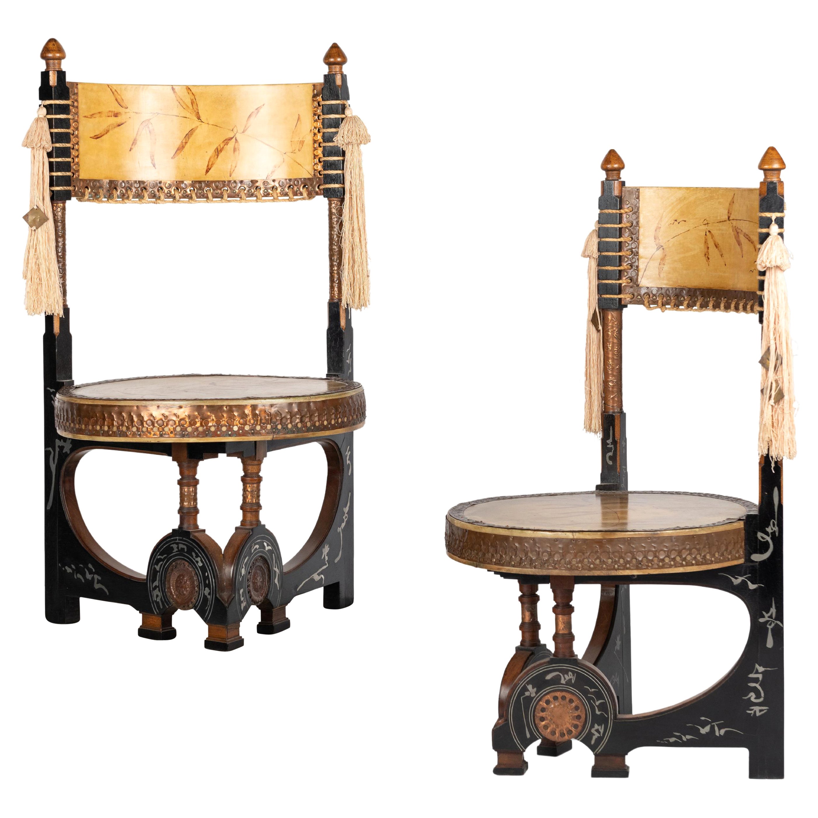 Late 19th Century Pair of Circular Throne Chairs by Carlo Bugatti, Vellum, Walnut