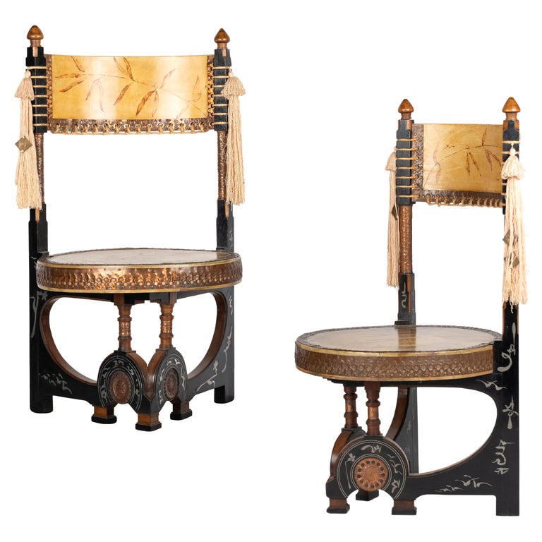 Late 19th Century Pair of Circular Throne Chairs by Carlo Bugatti, Vellum,Walnut For Sale