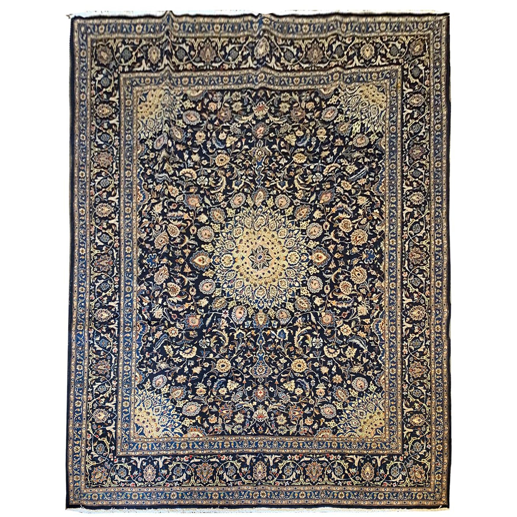 Large Oriental5 Carpet Rug Vintage Wool Blue Beige Rug For Sale