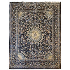 Großer Oriental5 Teppich aus blauer und beiger Wolle im Vintage-Stil