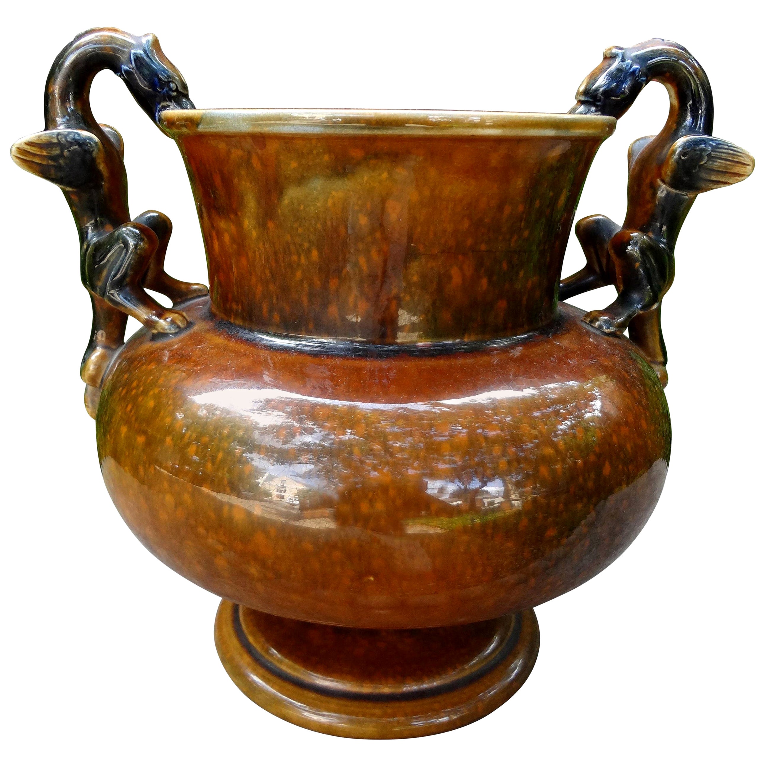 French Sarreguemines Style Glazed Ceramic Urn with Griffin Handles For Sale