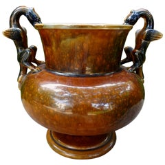 French Sarreguemines Style Glazed Ceramic Urn with Griffin Handles