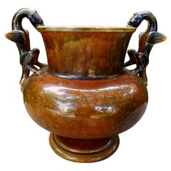 French Sarreguemines Style Glazed Ceramic Urn with Griffin Handles