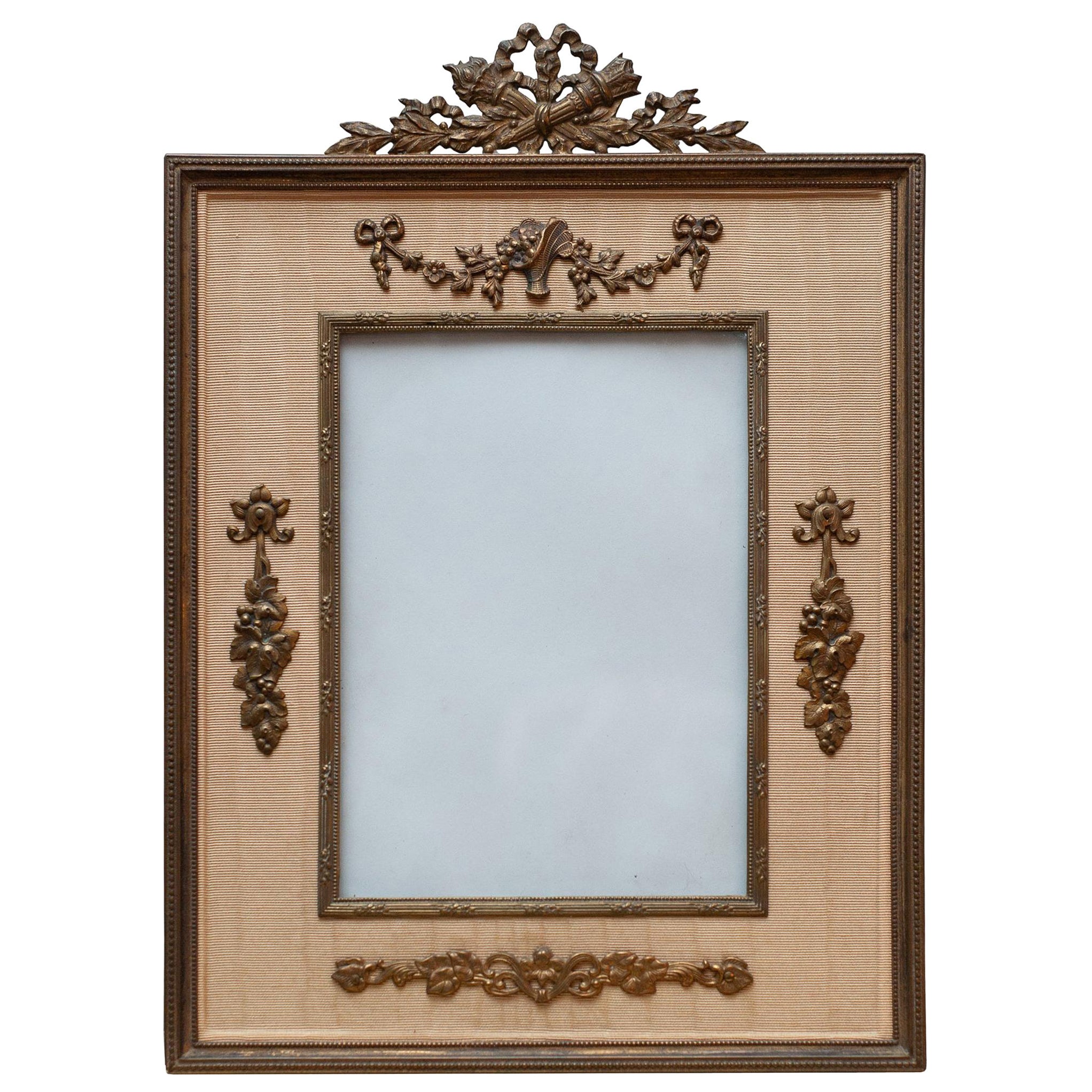 Antique Gold Silk Moiré and Bronze Picture Frame with Garlands For Sale