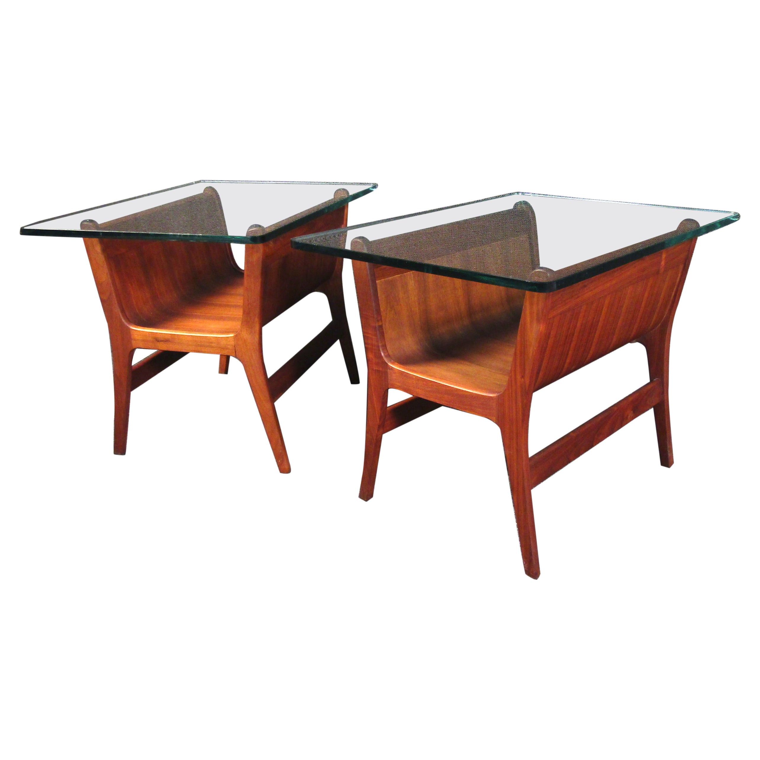 Beautiful Mid-Century Modern Sculptural Wood Side Tables with Glass Tops