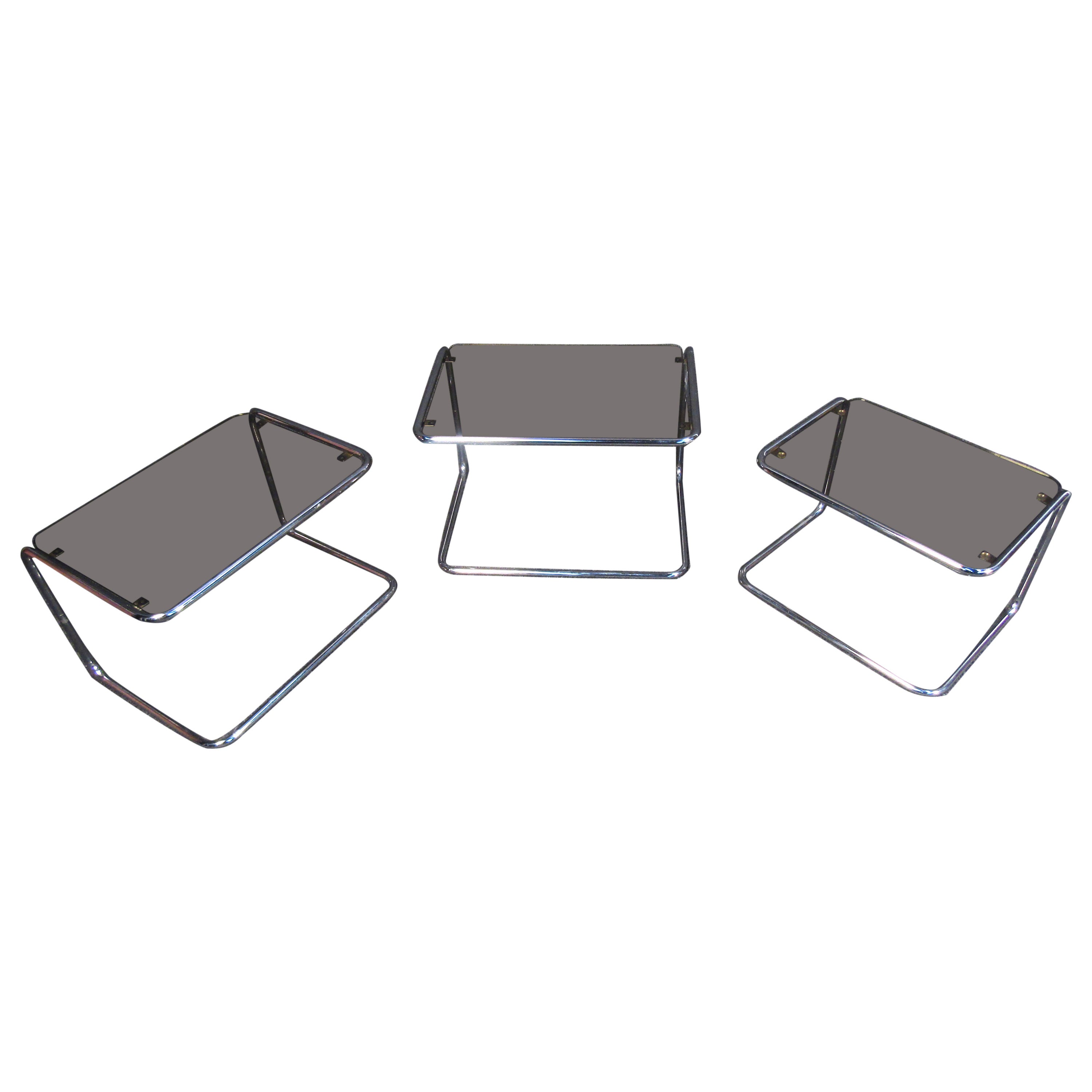 Set of Three Mid-Century Modern Chrome Side Tables with Tinted Glass Tops