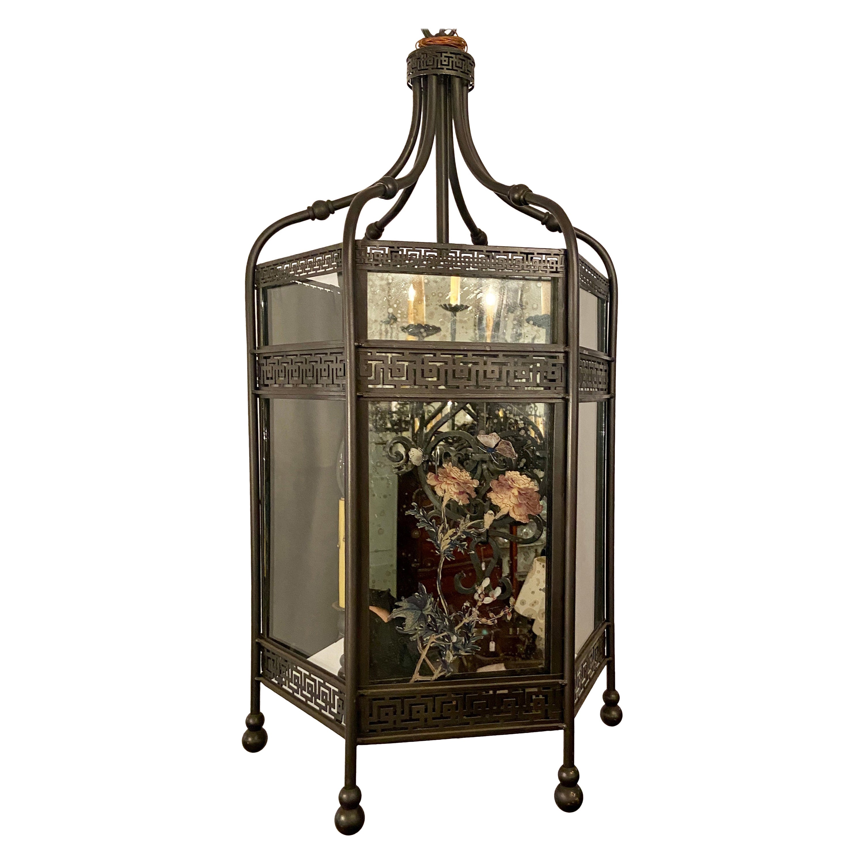 Antique 19th Century Chinoiserie Bronze Lantern with Painted Mirror and Glass For Sale
