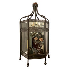 Antique 19th Century Chinoiserie Bronze Lantern with Painted Mirror and Glass
