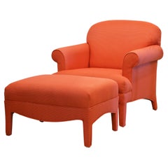 Contemporary Coral Red Rolled Arm Lounge Chair and Matching Ottoman