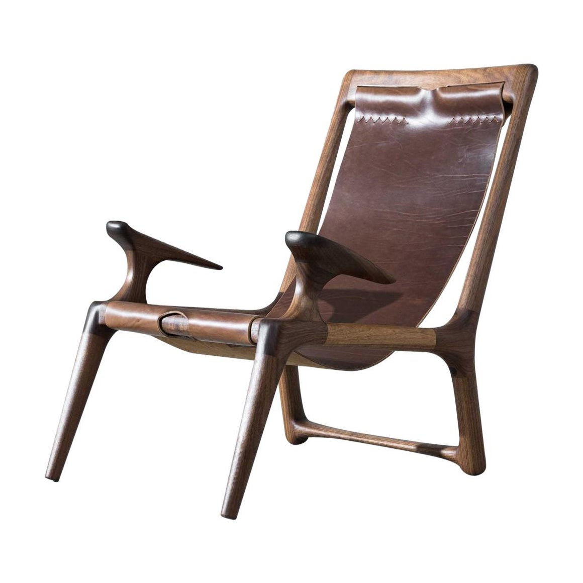 Walnut & Leather Sling Chair by Fernweh Woodworking For Sale