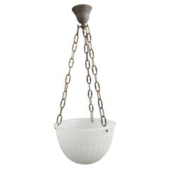 White Milk Glass Bowl Brass Pendant Light w/ Fluting and Greek Key Detail