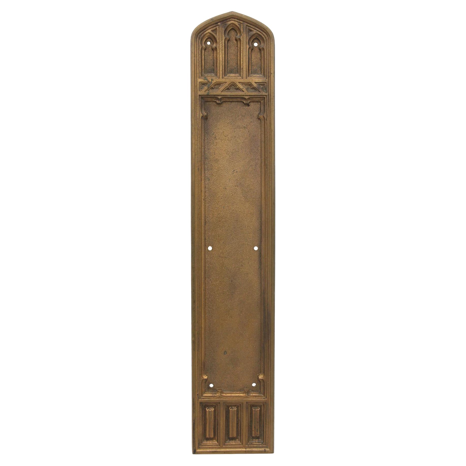 Gothic Cast Bronze Sargent Push Plate Natural Patina Arched Top For Sale