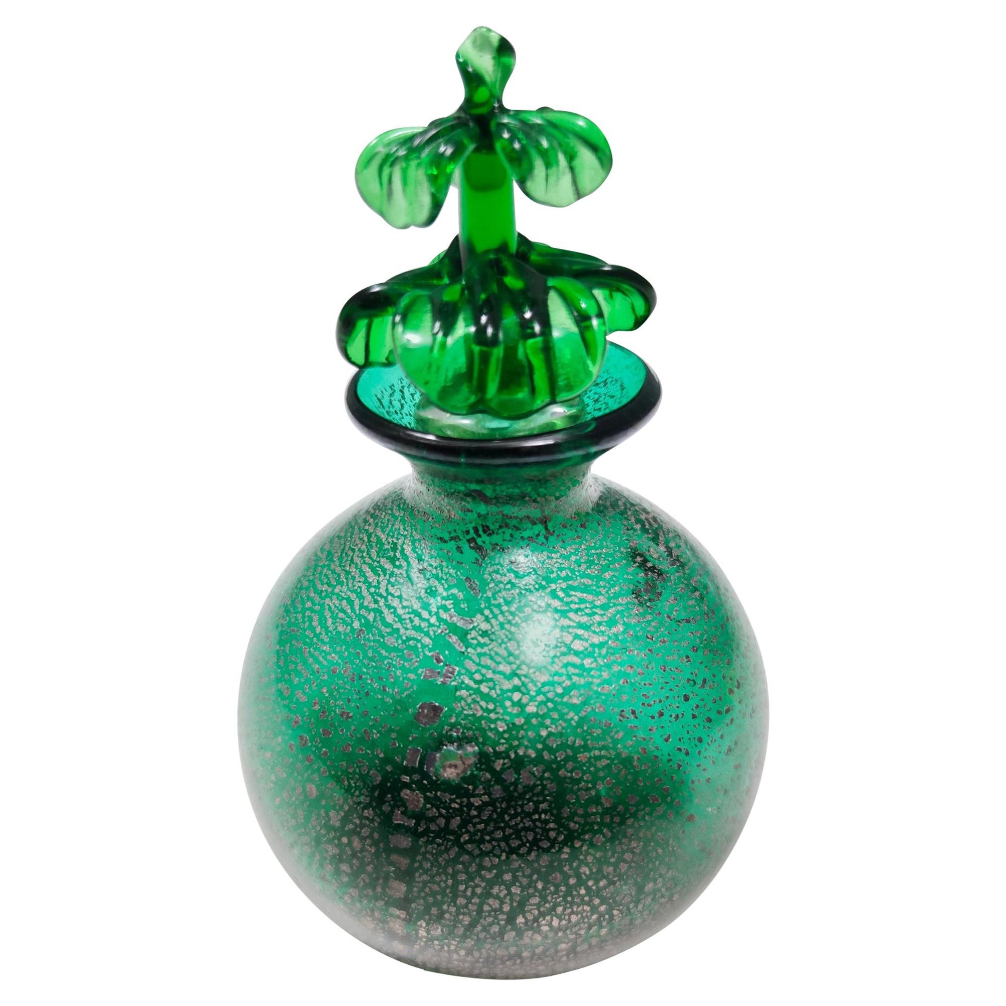 Vintage Emerald Green Murano Glass Perfume Bottle in the Style of Martinuzzi