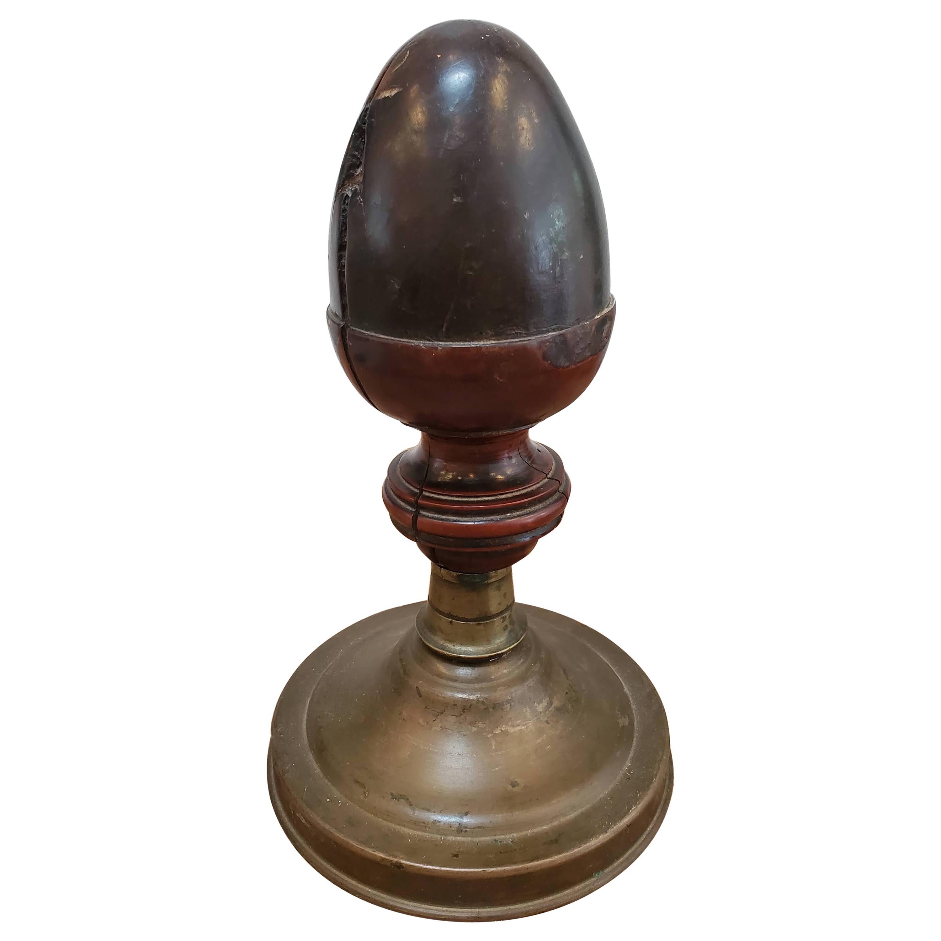 18th Century French Provincial Turned Walnut Finial on Brass Base For Sale