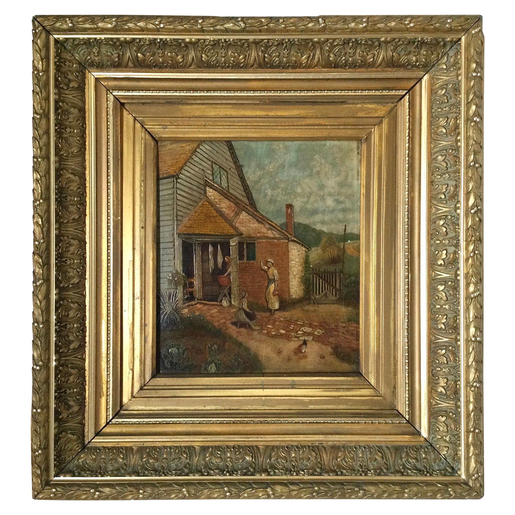 Antique 19th Century Oil on Board in Elaborate Gilt Frame For Sale