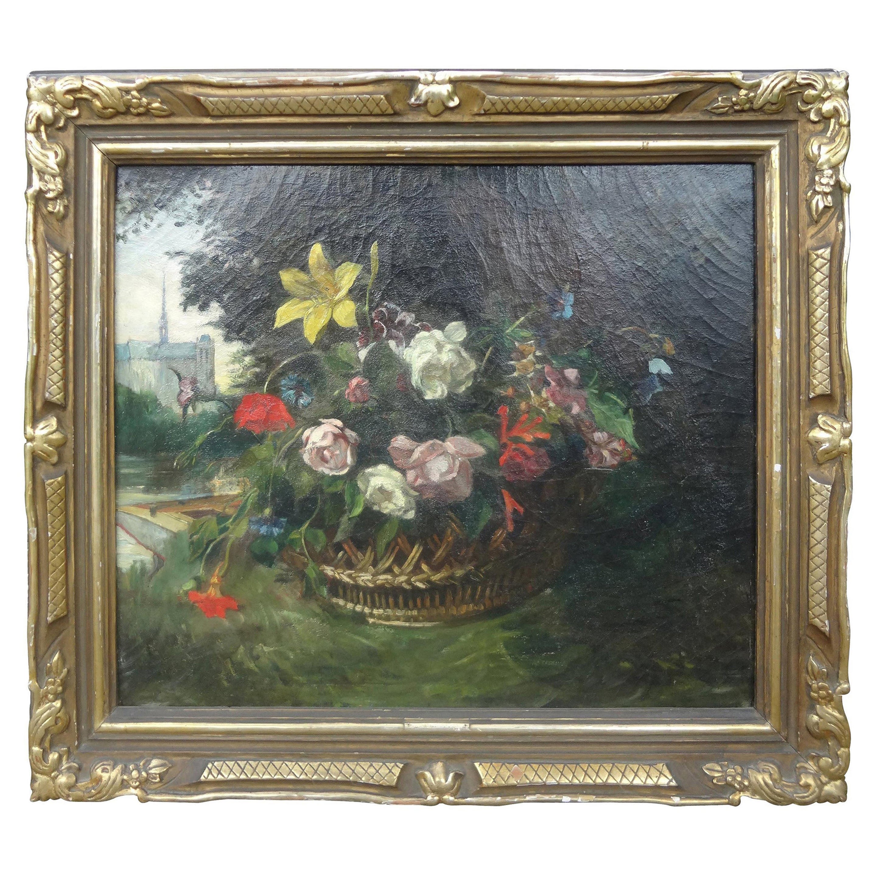 Peinture à l'huile florale française encadrée du 19ème siècle