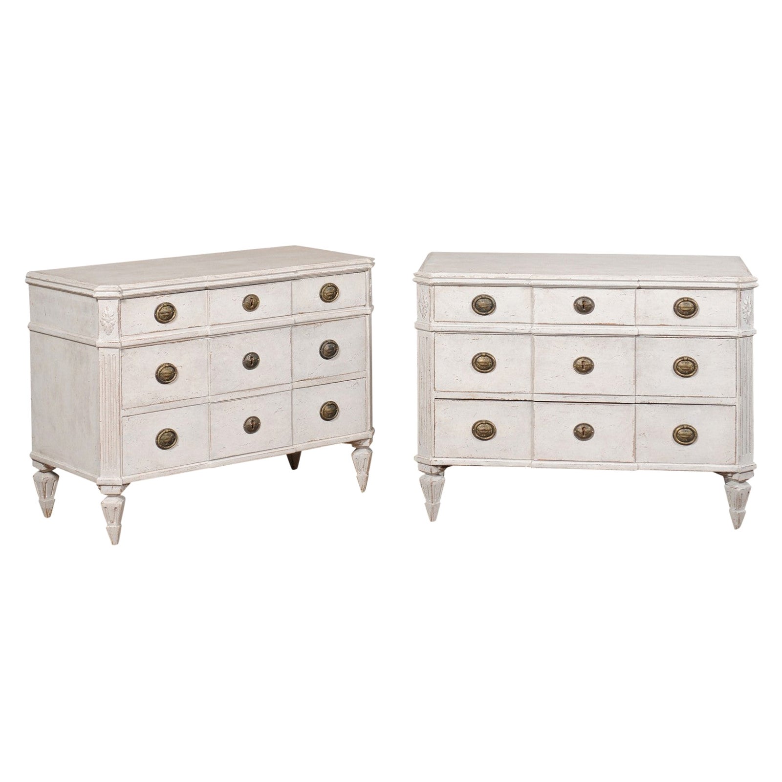 Pair of Swedish Gustavian Style Painted Breakfront Chests with Fluted Posts For Sale